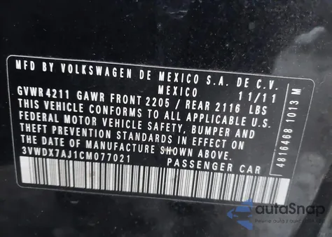 2012 Volkswagen Jetta 2.5L Se z USA, uszkodzony, nr VIN 3VWDX7AJ1CM077021